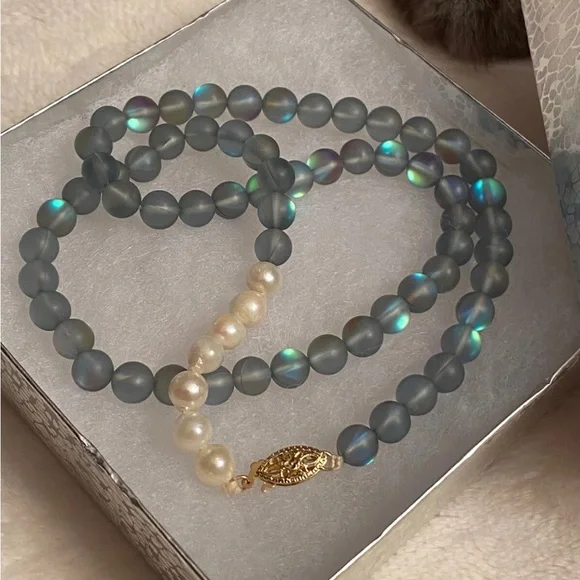 Rainbow Moonstone Pearl 14K Yellow Gold Clasp Strand Necklace